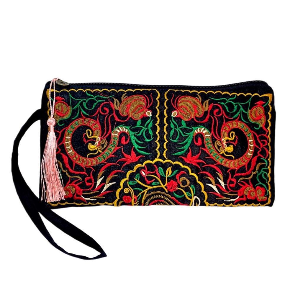 Boho Vintage Style Floral Embroidery Zippered Clutch Dragon Pattern Multi-color